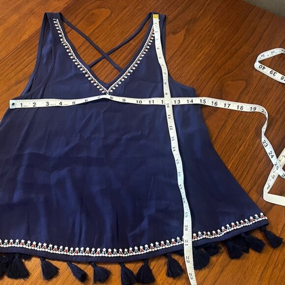 Sugar Lips Blue Embroidered Tassel V Neck Tank Top Womens Size XS - Picture 3 of 6